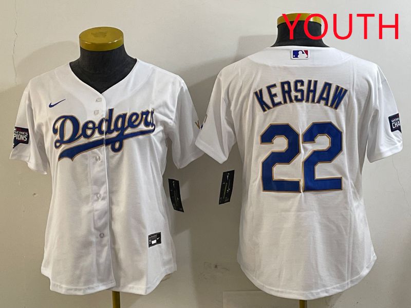 Youth Los Angeles Dodgers #22 Kershaw White Gold Game 2025 Nike MLB Jersey style 1->youth mlb jersey->Youth Jersey